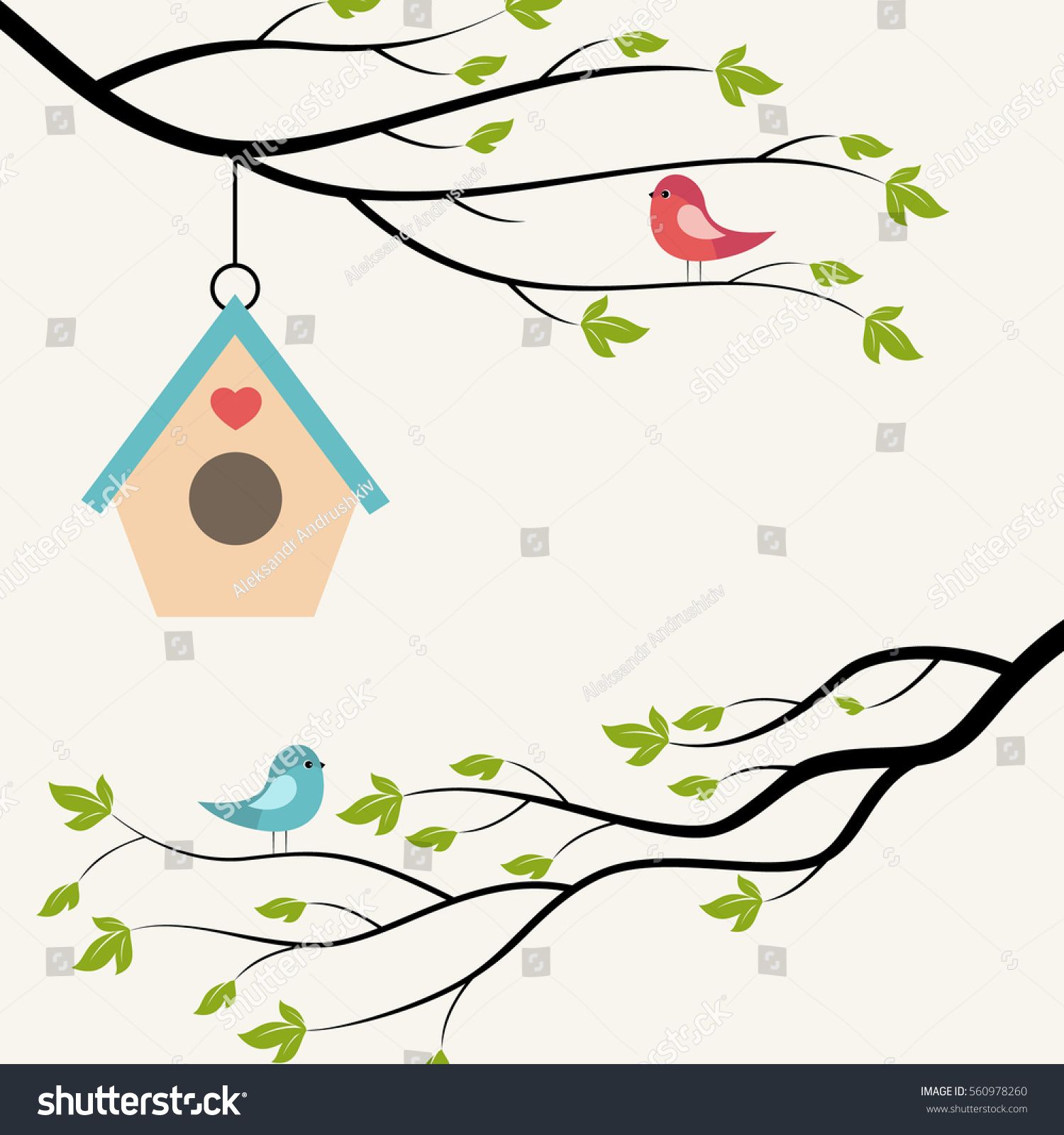 1500x1600 Birds On Branch Of Tree And Birdhouse. Vector Illustration On