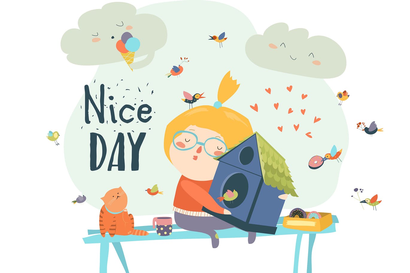 1370x913 Cute Girl Hugging Birdhouse. Vector Free Download Graphic Dl