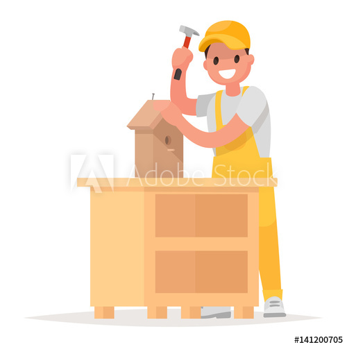 500x500 Man Makes A Birdhouse. Vector Illustration In A Flat Style