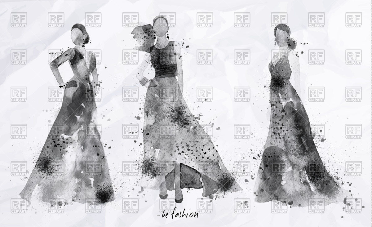 1200x732 Beautiful Women In Long Black Dress, Watercolor Fashion Lady