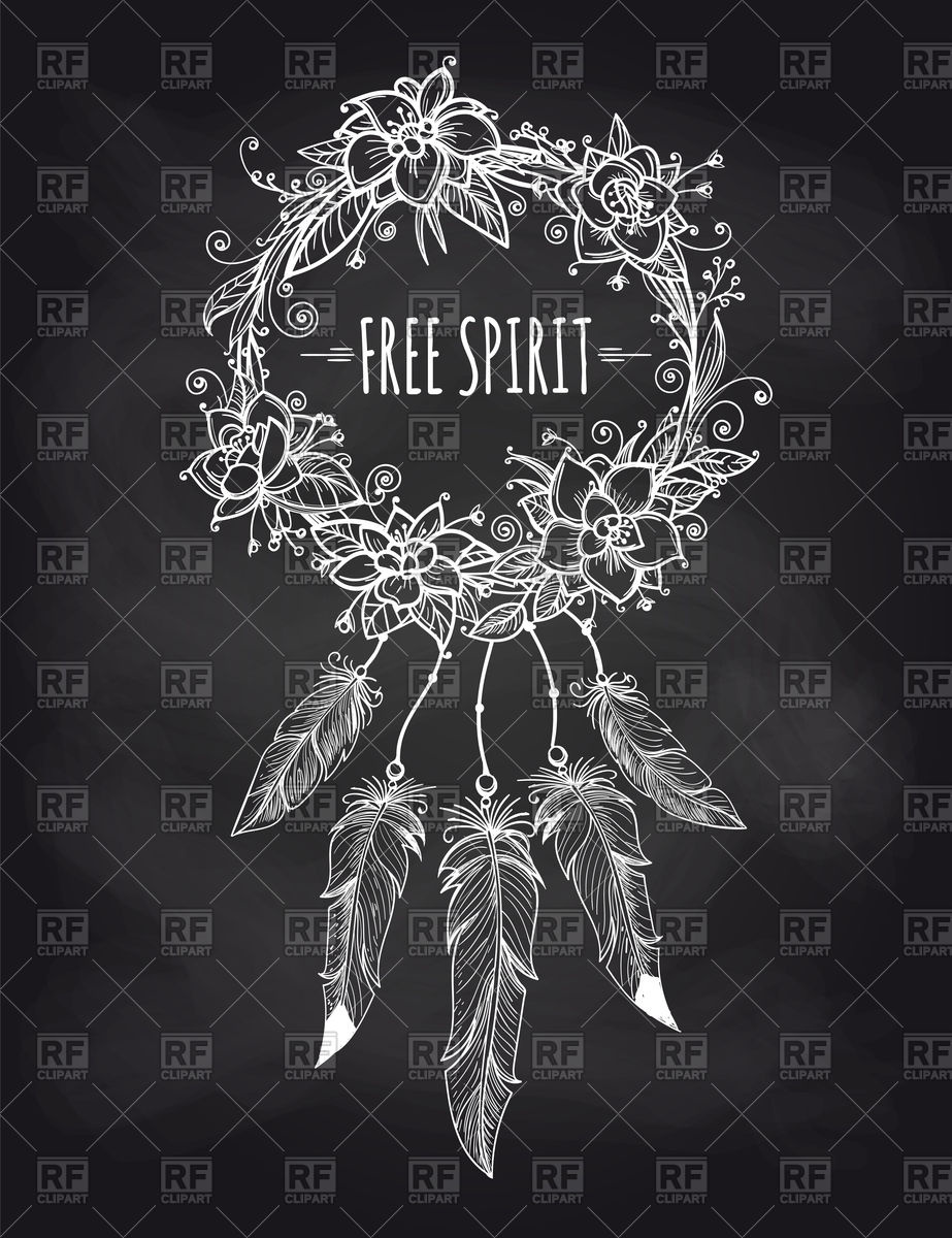 923x1200 Boho Decorative Wreath With Flowers And Feathers On Blackboard