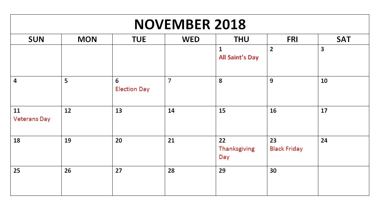 1255x683 November 2018 Printable Calendar Vector Template November 2018