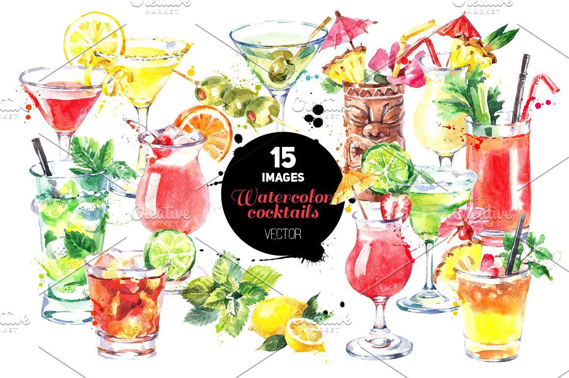 1160x772 Cocktails Watercolor Vector Set Alcohol Art Background Banner