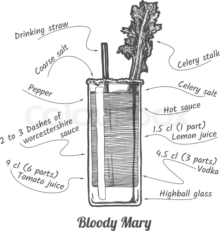 761x800 Ink Drawing Illustration Of Cocktail Bloody Mary And Its