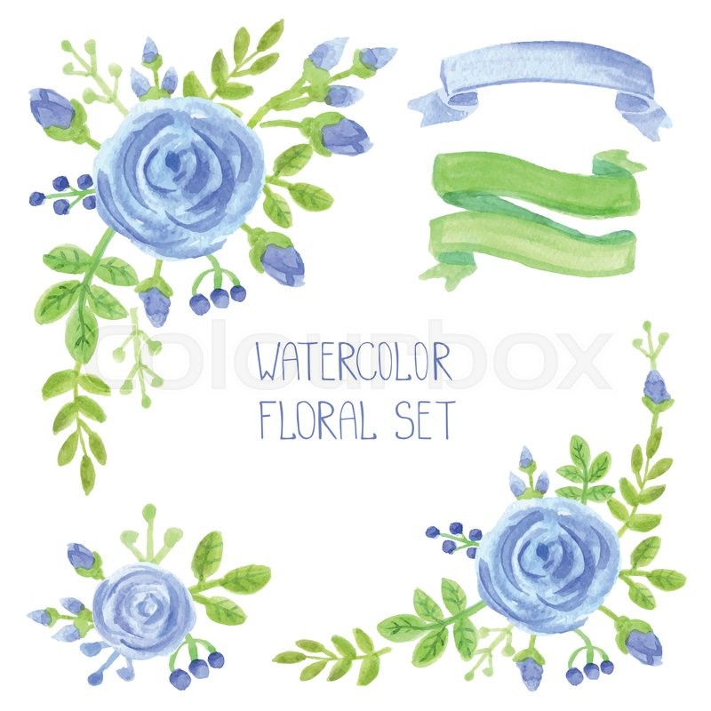 800x800 Watercolor Blue Flowers Bouquet ,corners Set. Hand Painted Berries