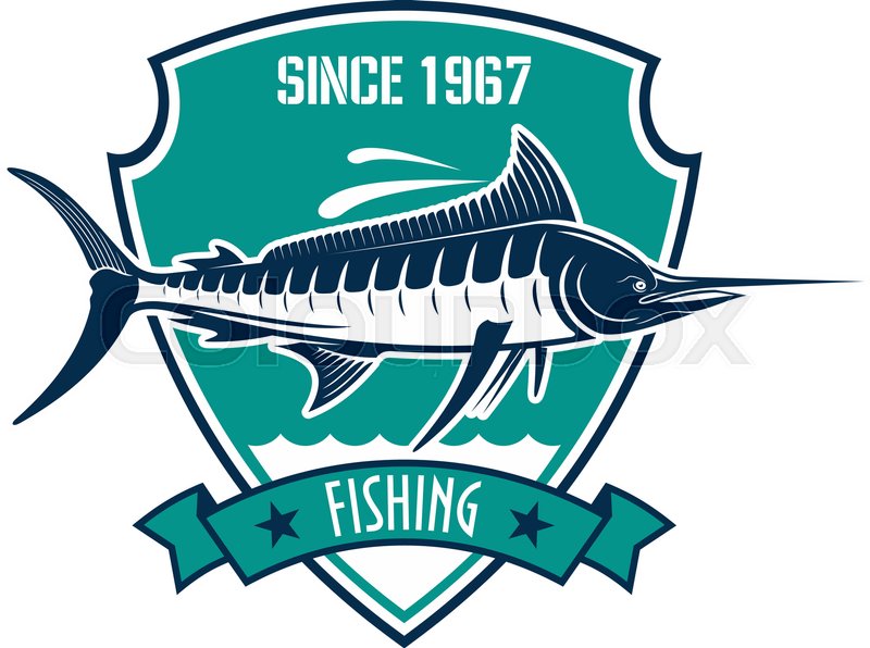 800x596 Fishing Sport Heraldic Badge. Blue Marlin Fish With Water Waves On
