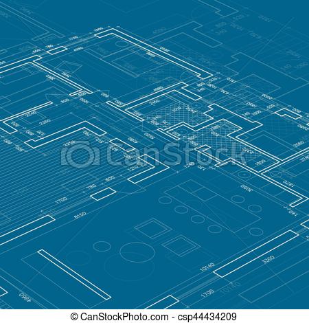 450x470 Blueprint Vector Architectural Drawing On Blue Background.