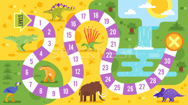600x337 Kids Board Game With Dinosaurs Template. Vector Illustration