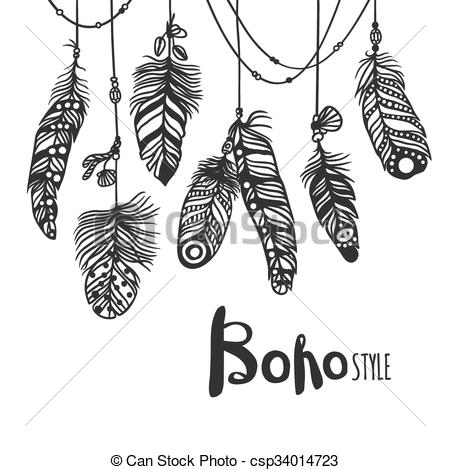 450x470 Boho Feather Hand Drawn Effect Vector Style Illustration. Vector