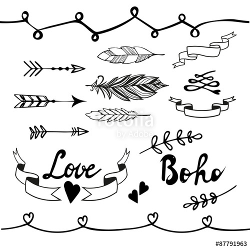 500x498 Collection Of Boho Doodle Design Elements. Vector Illustration
