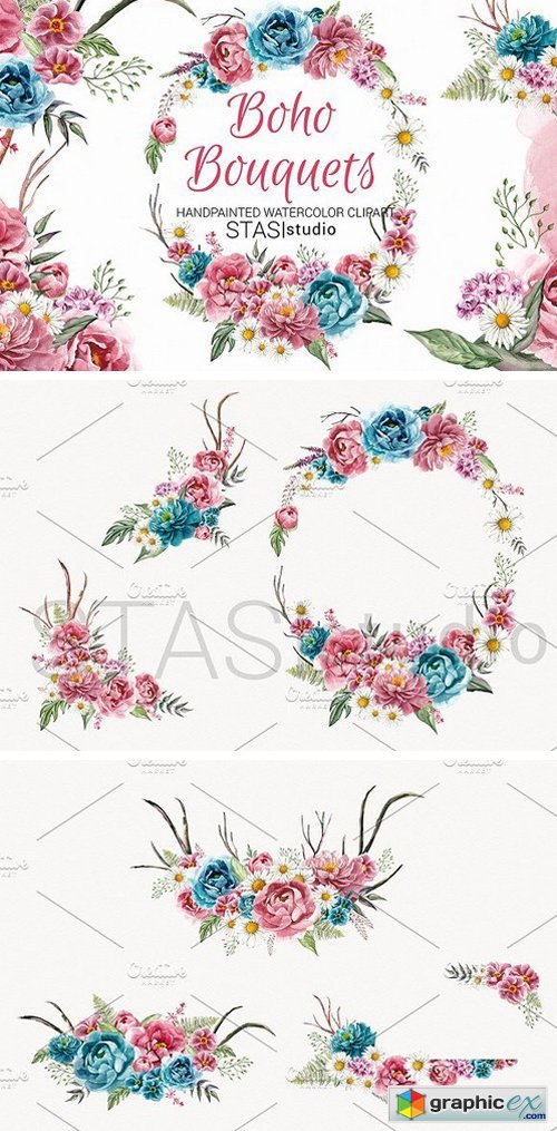 500x1015 Boho Bouquets Watercolor Clipart Free Download Vector Stock
