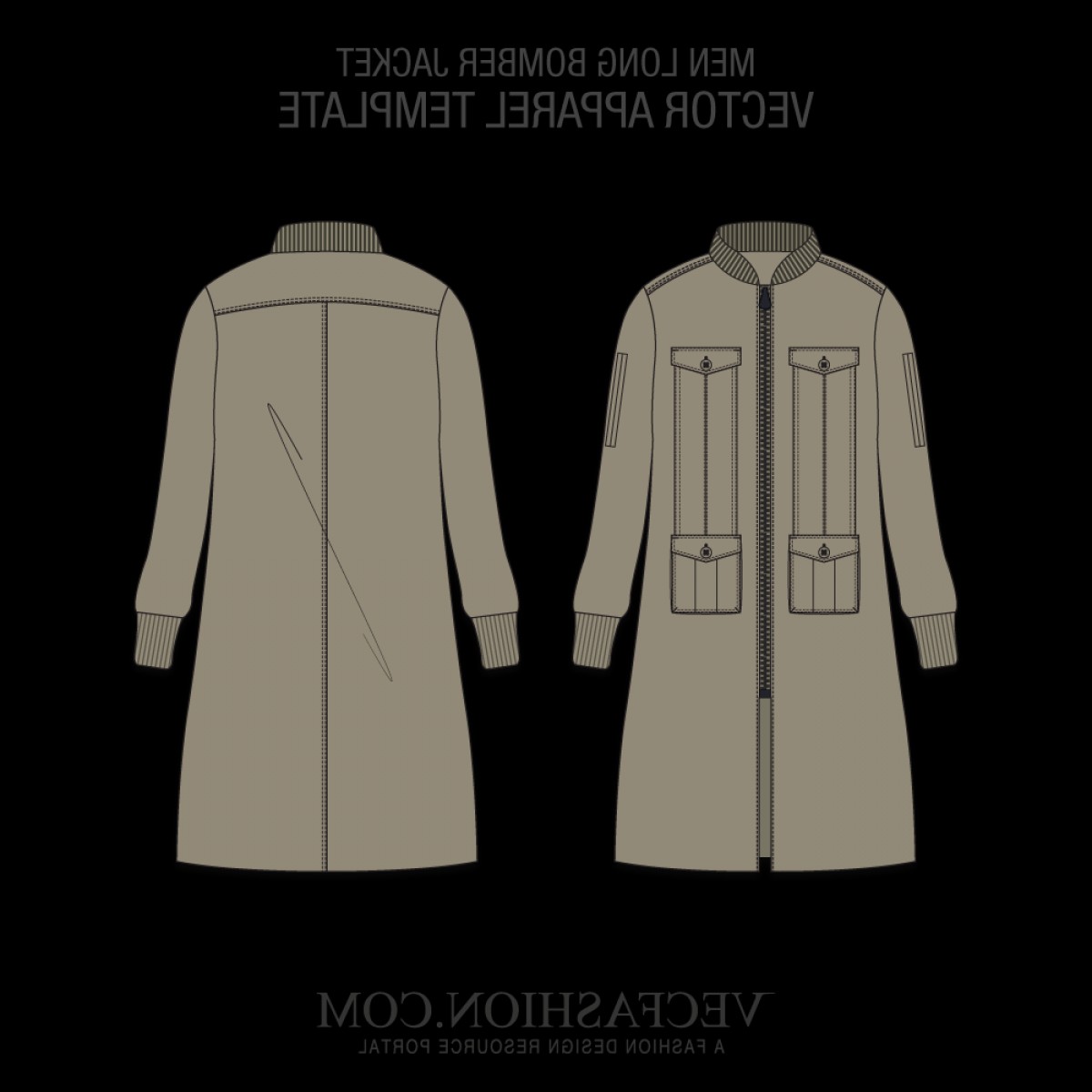 1200x1200 Men Long Bomber Jacket Vector Template Shopatcloth