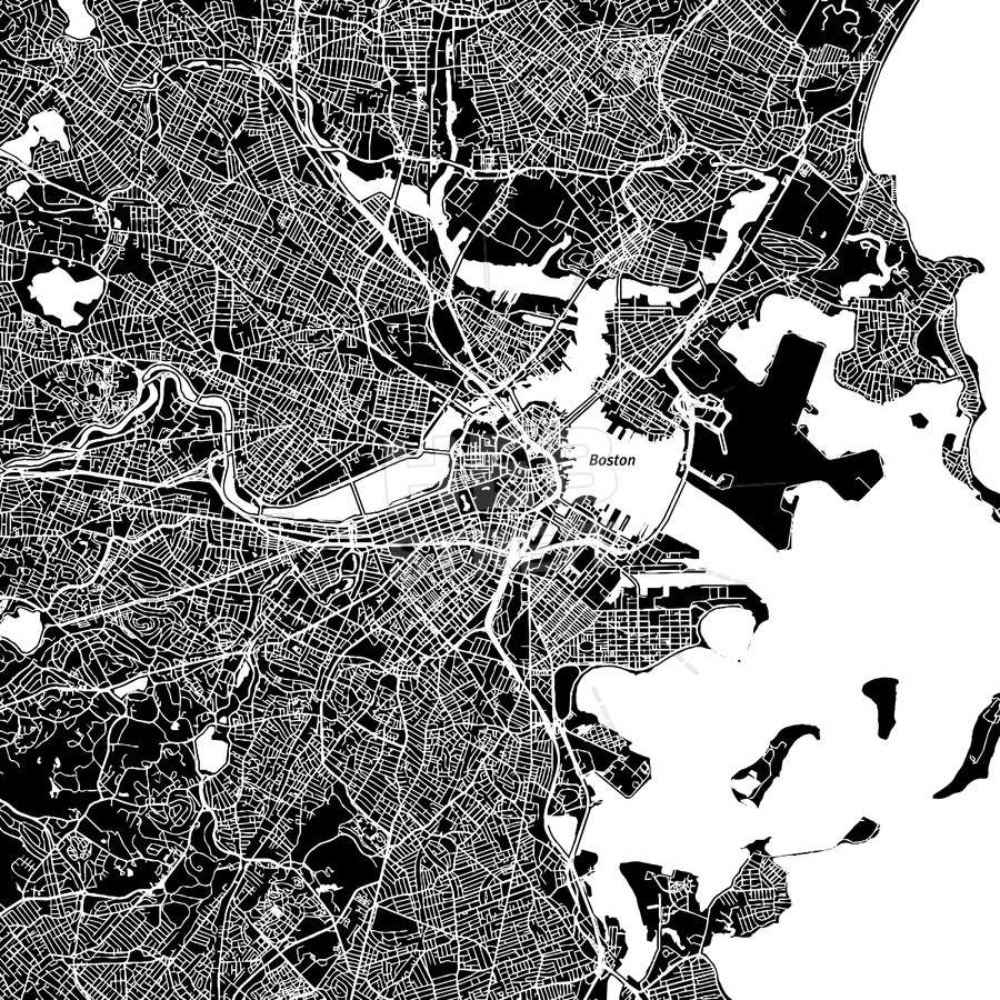 900x900 Boston, Massachusetts, Downtown Map, Dark Hebstreits