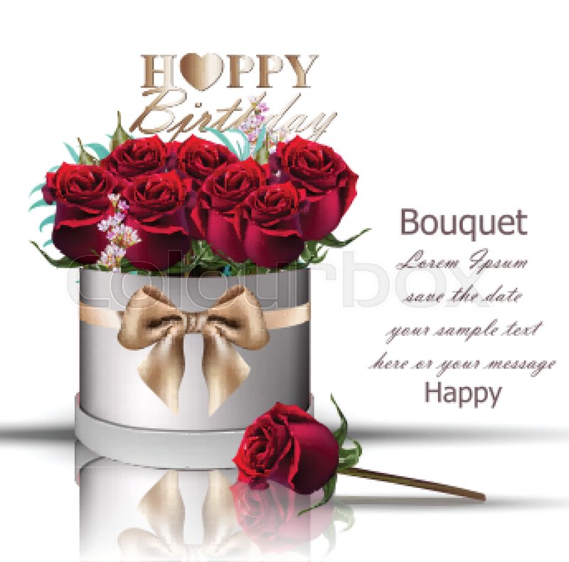 800x790 Happy Birthday Red Roses Bouquet Vector. Vintage Floral Gift Box