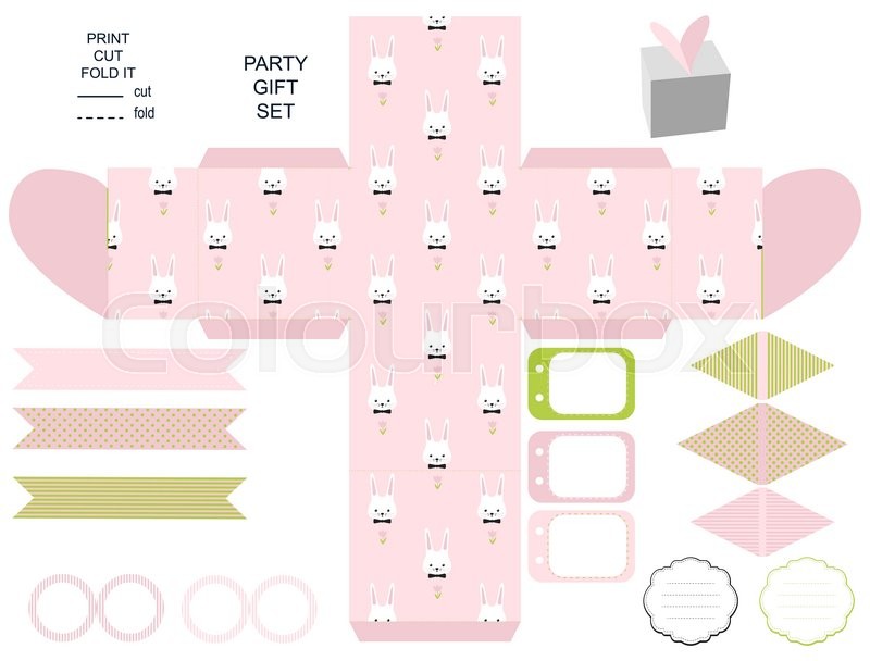 800x608 Party Set. Gift Box Template. Empty Labels And Cupcake Toppers And