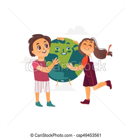 450x470 Vector Boy, Girl Hug Earth Planet Flat Character. Vector Save The
