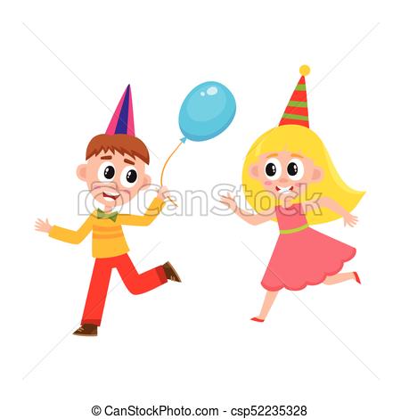 450x470 Vector Flat Boy Girl Dancing, Running With Balloon. Vector Flat
