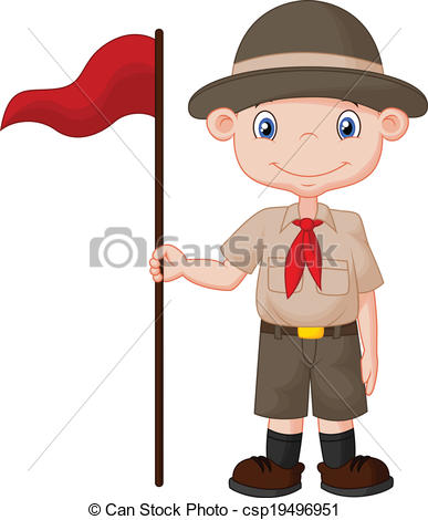387x470 Vector Illustration Of Cartoon Boy Scout Holding Red Flag.