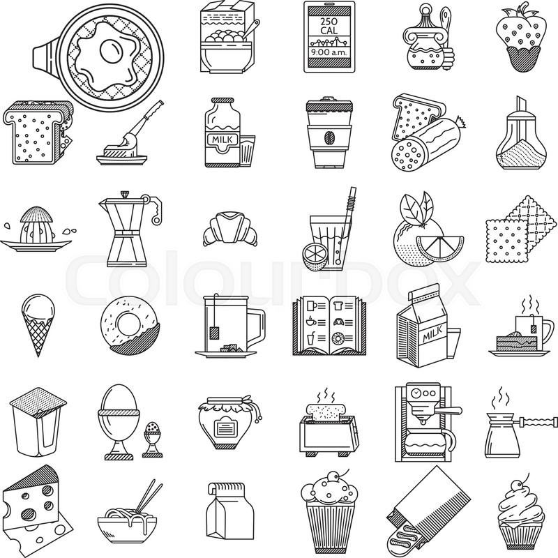 800x800 Set Of 35 Vector Icons Black Flat Line Design For Breakfast, Lunch