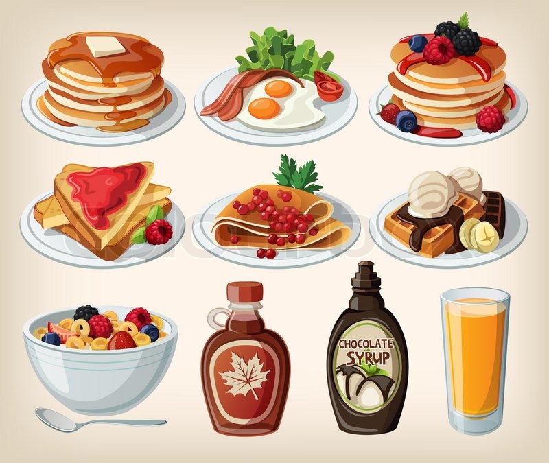 800x675 Classic Breakfast Cartoon Set With Pancakes, Cereal, Toasts And