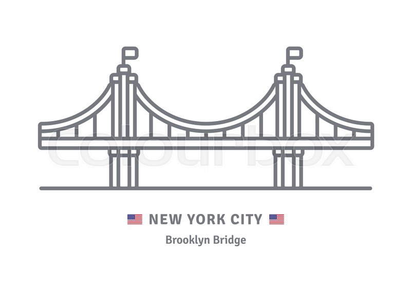 800x571 New York City Line Icon. Brooklyn Bridge And Us Flag Vector