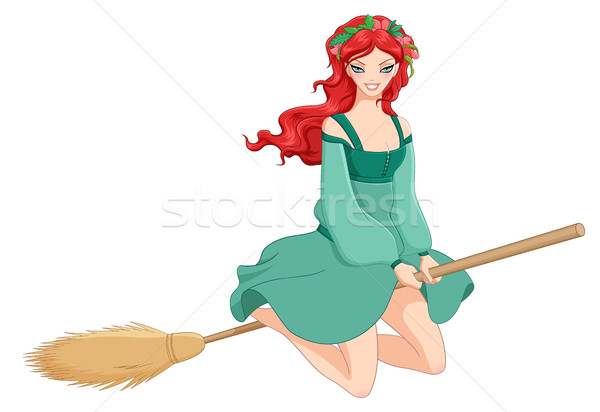 600x412 Witch Riding Broom. Vector Illustration Isolated On White