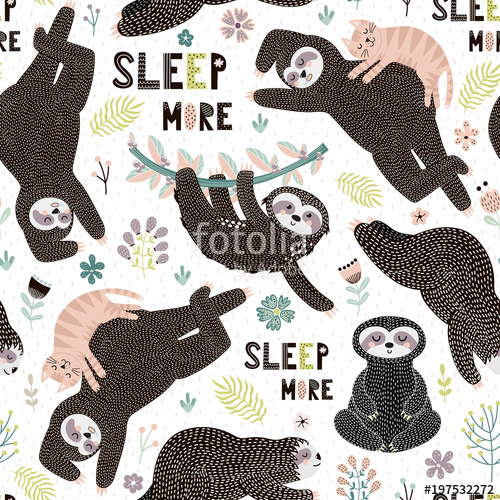 500x500 Seamless Pattern With Cute Sloths. Background With Funny Sloths