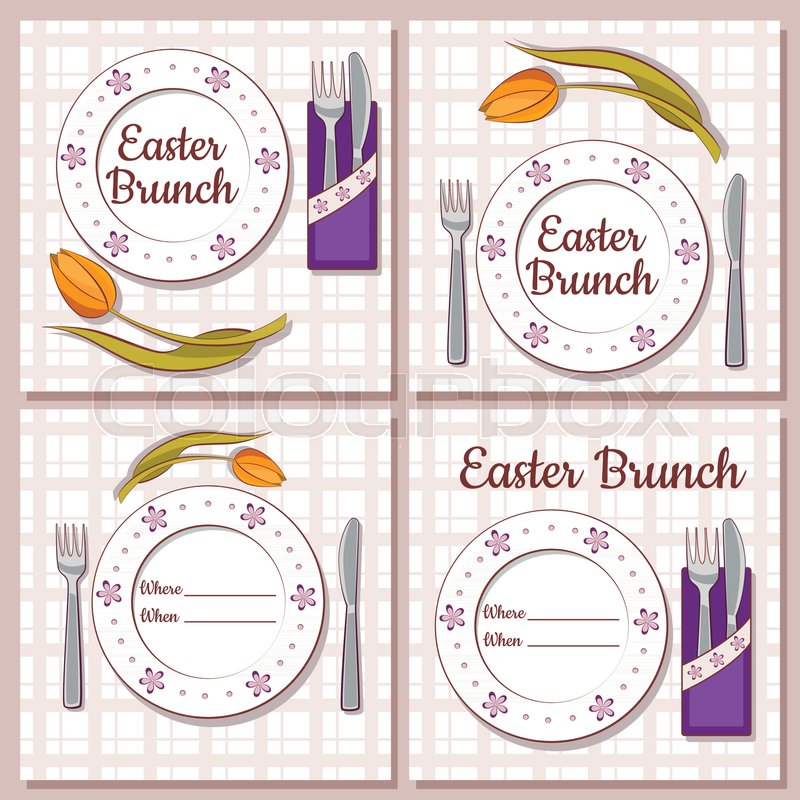 800x800 Set Of Retro Easter Brunch Vector Cards With A Fork, A Knife And A