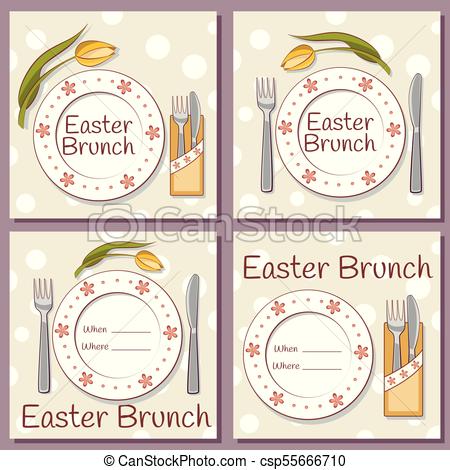 450x470 Set Of Retro Easter Brunch Vector Cards With A Plate, A Knife And