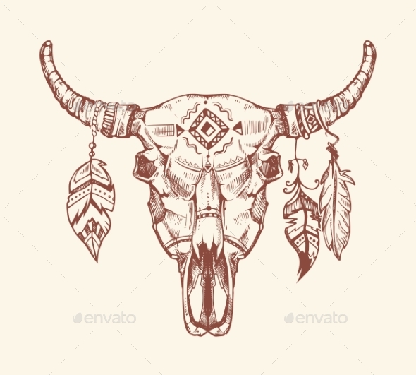 590x531 Aztec Tribal Buffalo Skull Vector T Shirt Print By Microvone