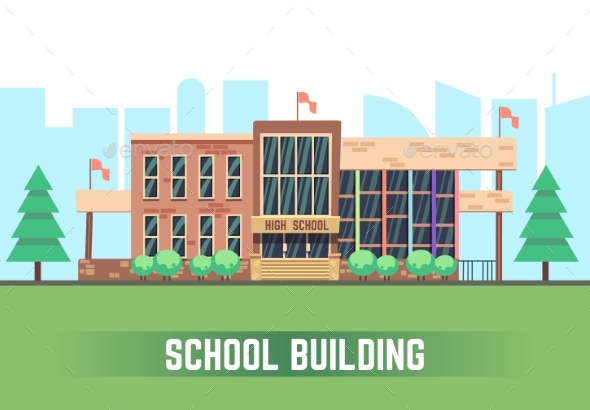590x410 School Building. Vector Flat Education Concept By Neyro2008