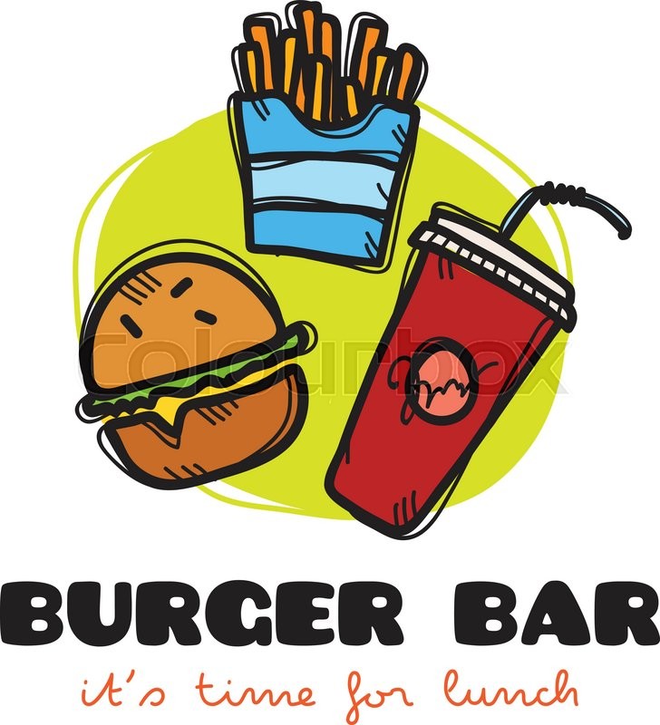 728x800 Vector Funny Cartoon Style Snack Bar Logo With Burger, Fries And