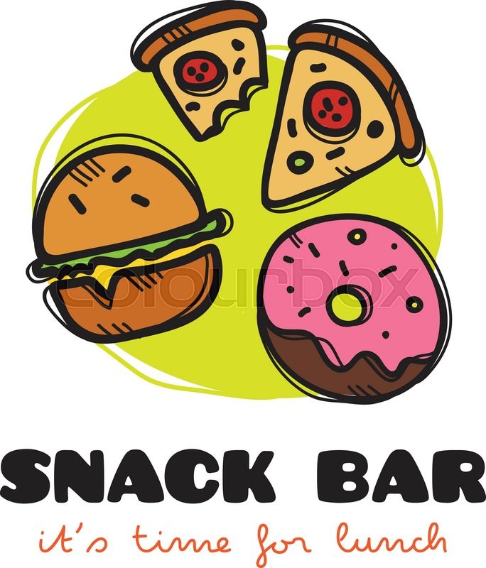 684x800 Vector Funny Cartoon Style Snack Bar Logo With Burger, Pizza And