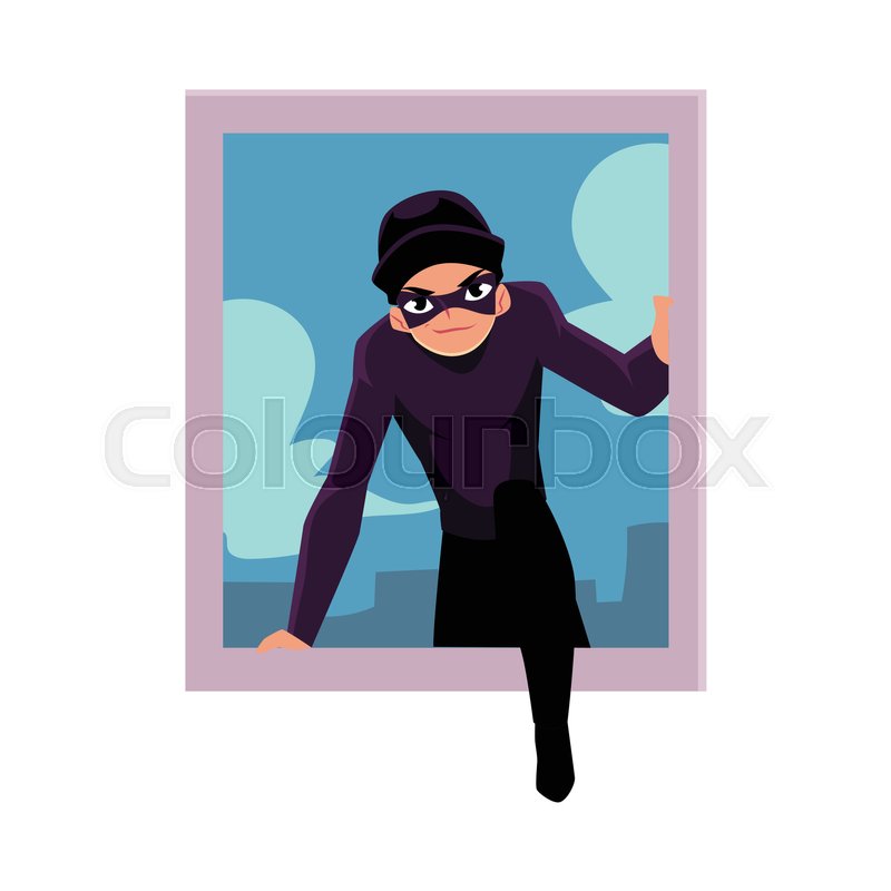 800x800 Thief, Burglar Breaking Into House Through Window, Cartoon Vector