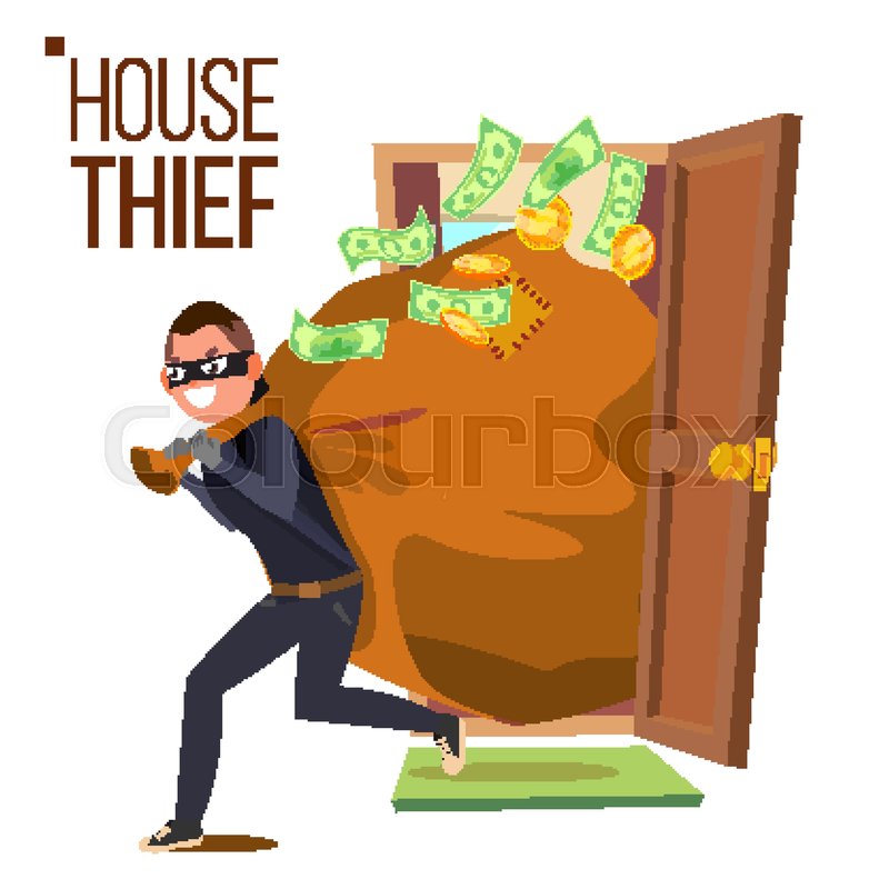 800x800 Thief And Door Vector. Bandit With Bag. Breaking Into House