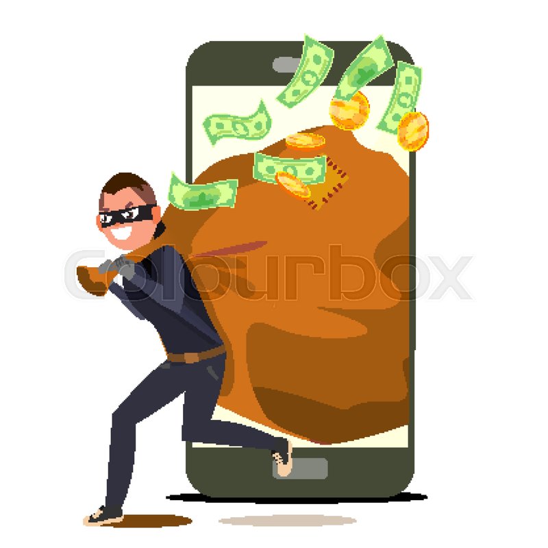 800x800 Thief And Smartphone Vector. Bandit With Bag. Insurance Concept