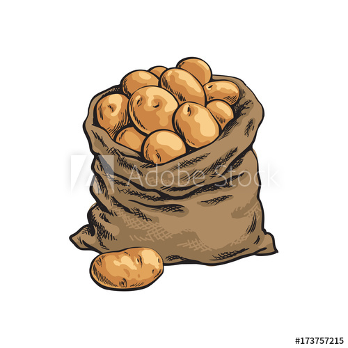 500x500 Burlap Sack Full Of Ripe Potato, Hand Drawn, Sketch Style Vector