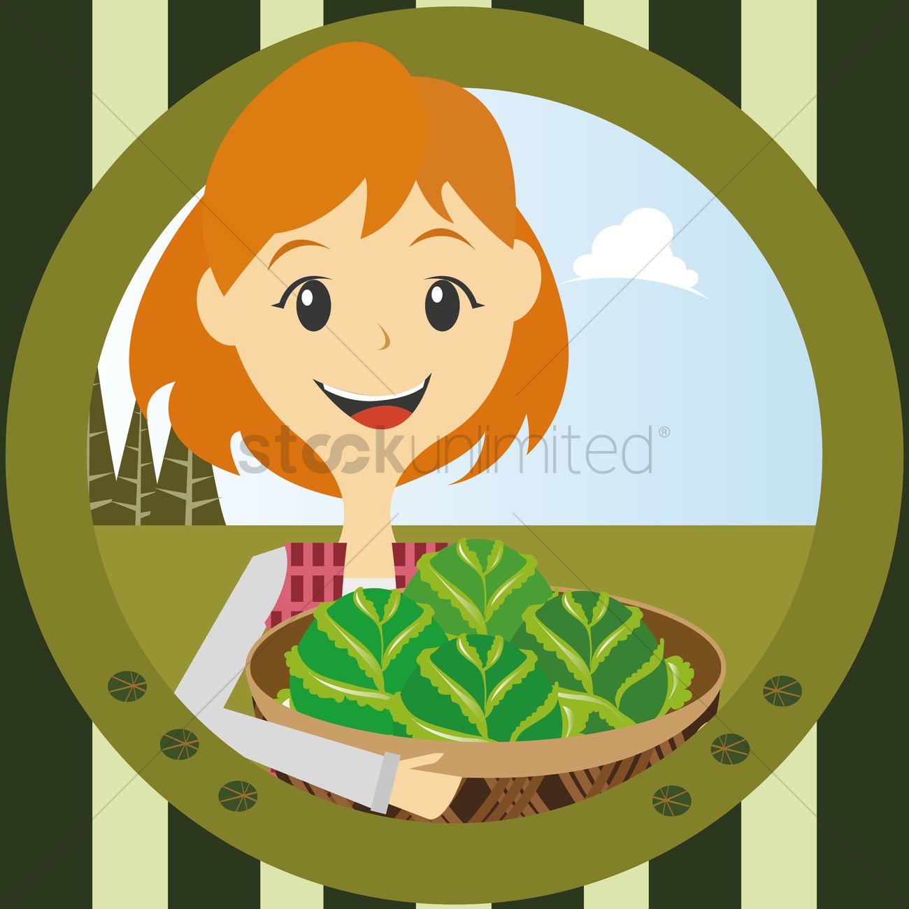 1300x1300 Girl With Basket Full Of Cabbage Vector Image