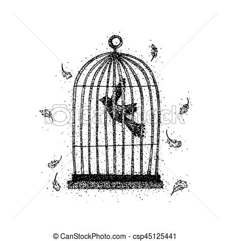 450x470 Dotwork Bird In A Cage. Vector Illustration With Feathers. Tattoo