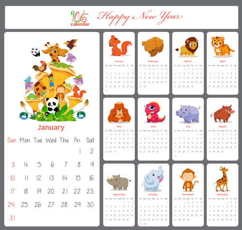 500x475 Backgrounds Lovely Animal Calendar 2016 Vector Graphics 01