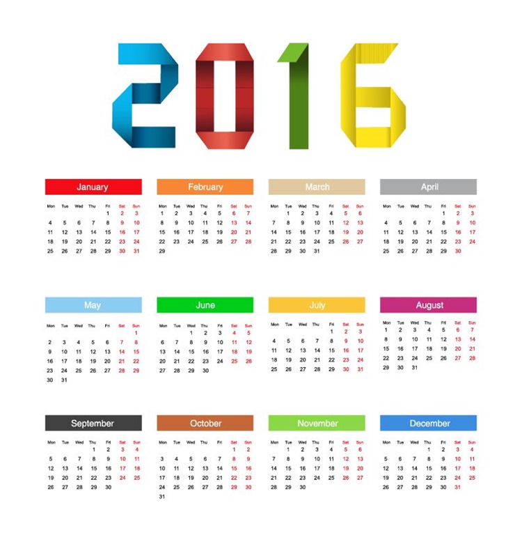 750x768 Calendar 2016 Year Colorful Design Vector Illustration Free