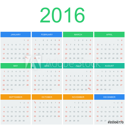 500x500 Calendar 2016 Vector Template