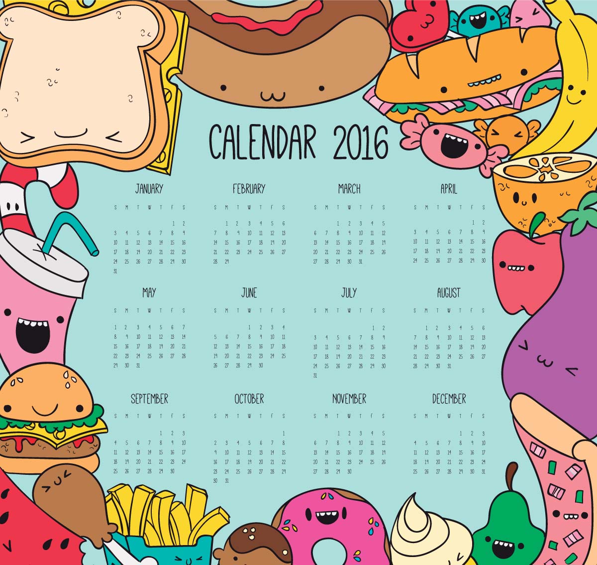 1200x1134 Fast Food Funny 2016 Calendar Vector Free Download