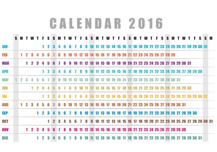 700x490 Horizontal Calendar 2016 Vector