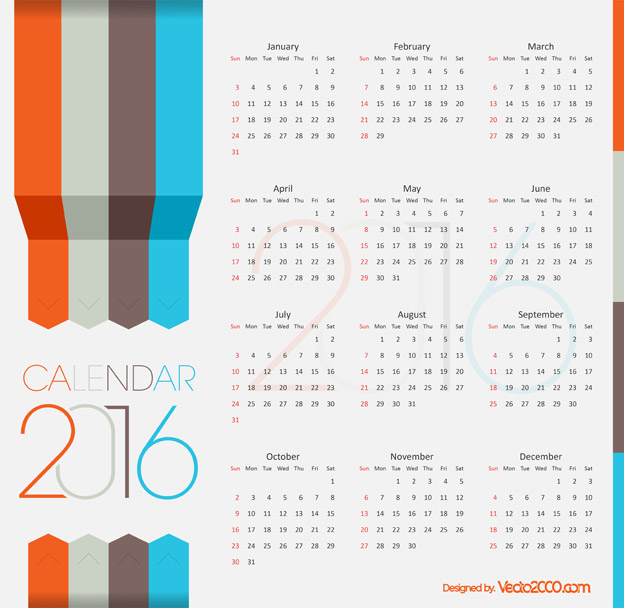 624x608 2016 Calendar Vector