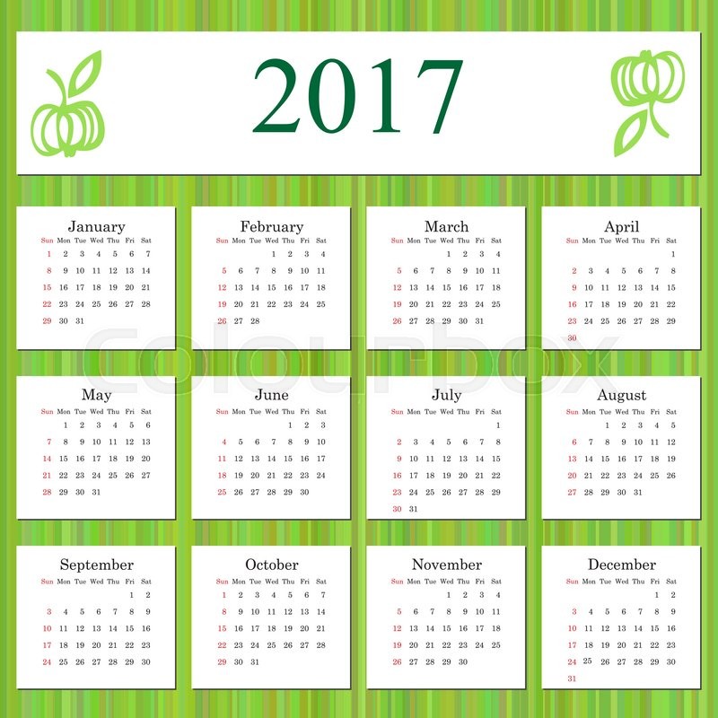 800x800 Calendar 2017 Design Template In Vector. Week Starts Sunday