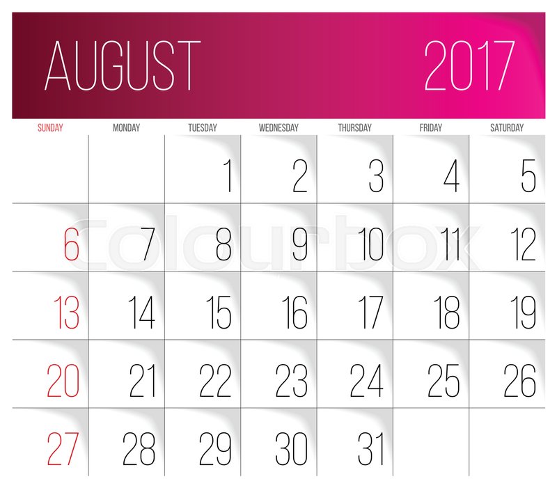 800x701 Calendar 2017 Vector Design Template. August. Week Starts On