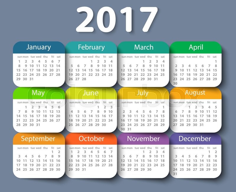 800x652 Calendar 2017 Year Vector Design Template. Eps10 Stock Vector