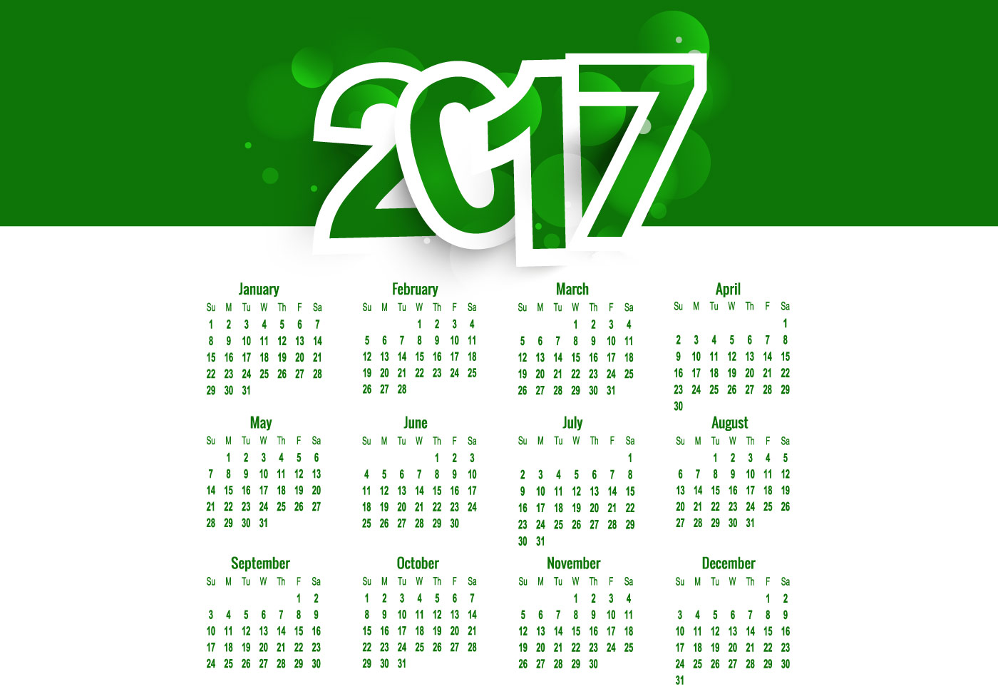 1400x980 Green Colored Calendar Of Year 2017
