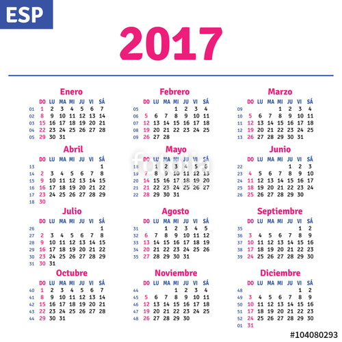 500x500 Spanish Calendar 2017, Horizontal Calendar Grid, Vector Stock